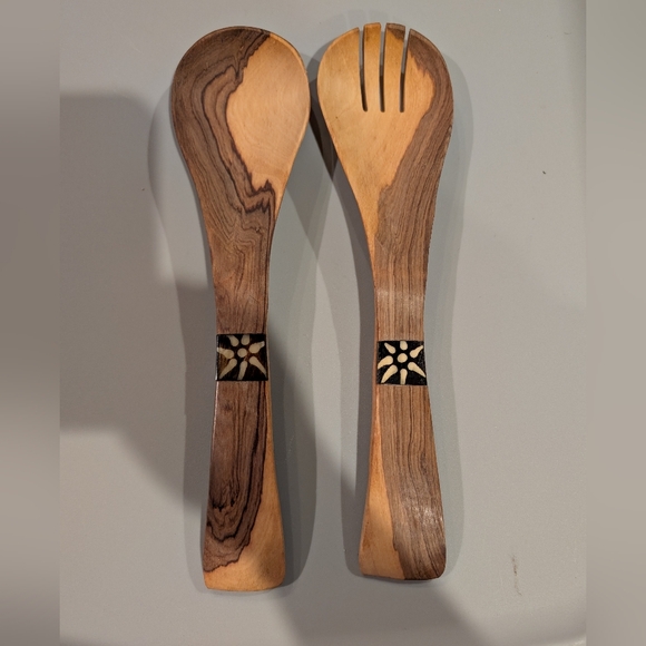Moreveda Other - Olive Wood Salad Server Set with Hand Craved Floral Inlay